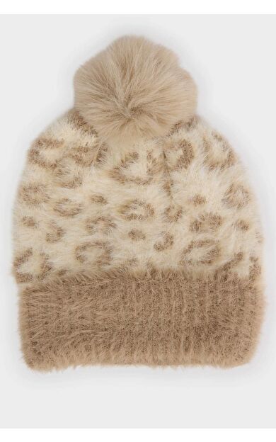 Kız Çocuk Leopar Desenli Ponponlu Triko Bere