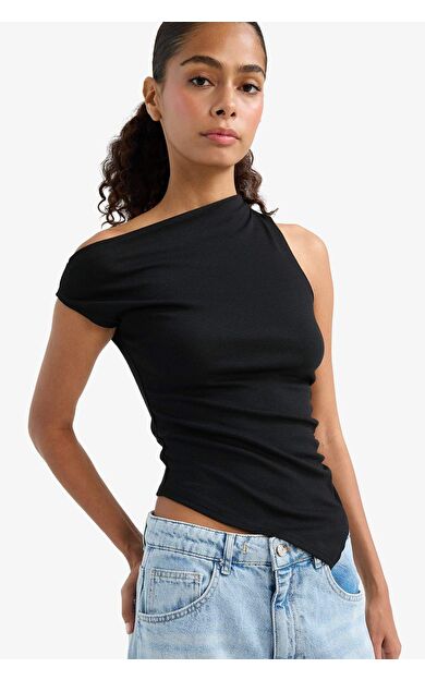 DeFacto Slim Fit Dar Kesim Tek Omuzlu Ribana Siyah Bluz