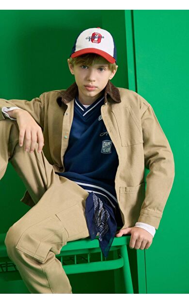 DeFacto Erkek Çocuk Oversize Geniş Kalıp Polo Yaka Gabardin Uzun Kollu Okul Gömleği