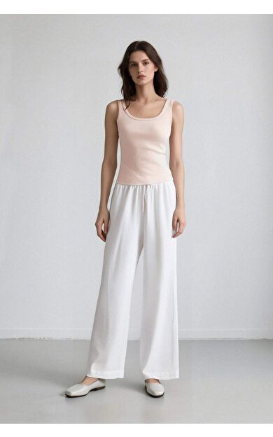 DeFacto Wide Leg Çift Cepli Yüksek Bel Geniş Paça Beyaz Pantolon