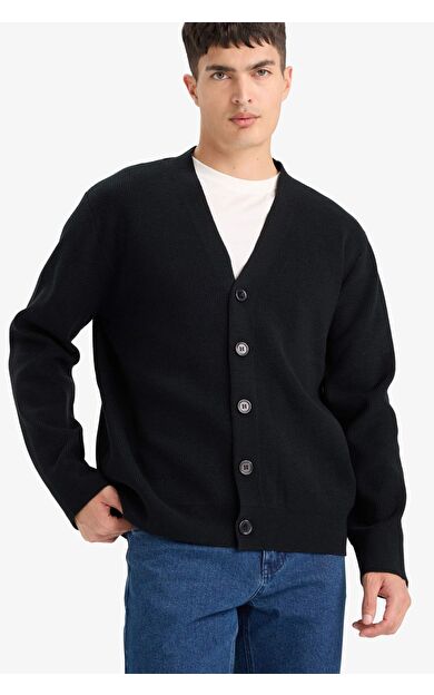 Relax Fit V Yaka Düğmeli Triko Hırka F2700AX25WNBK81