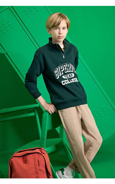 DeFacto Erkek Çocuk Dik Yaka Fermuarlı Baskılı Okul Sweatshirt