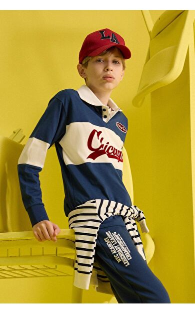 DeFacto Erkek Çocuk Oversize Geniş Kalıp Polo Yaka Nakışlı Uzun Kollu Okul Tişörtü