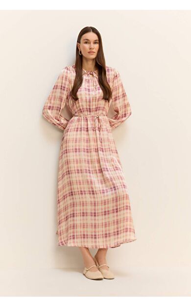 Regular Fit Gömlek Yaka Baskılı Saten Uzun Kollu Elbise