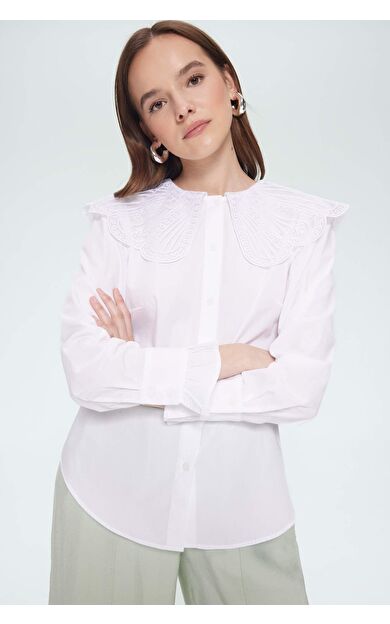 Regular Fit Geniş Yakalı Poplin Uzun Kollu Gömlek Tunik