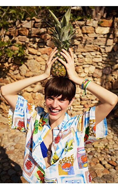 Coool Oversize Geniş Kalıp Meyve Desenli Kısa Kollu Gömlek