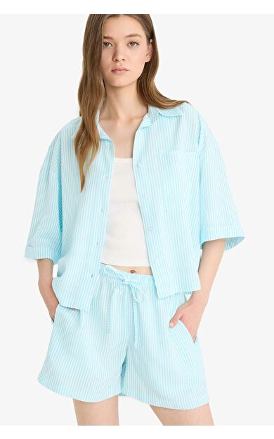 Coool Oversize Geniş Kalıp Gömlek Yaka Keten Karışımlı Kısa Kollu Gömlek F2763AX25SMTR514