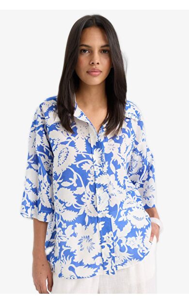 DeFacto Oversize Geniş Kalıp Gömlek Yaka Floral Vual Kısa Kollu Gömlek
