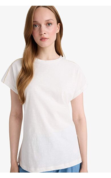 Bisiklet Yaka Flamlı Pamuk Kısa Kollu Tişört