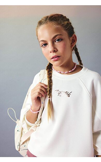 Kız Çocuk Relax Fit Bisiklet Yaka Spor Baskılı Modal Sweatshirt