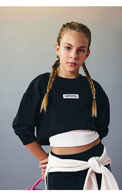 Kız Çocuk 2'li Takım Relax Fit Bisiklet Yaka Baskılı Sweatshirt Atlet