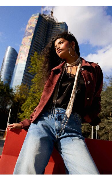 Regular Fit Polo Yaka Süet Mont