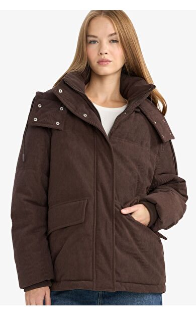 DeFacto Regular Fit Kapüşonlu Kadife Mont