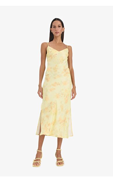 V Yaka Desenlil Saten Askılı Midi Elbise