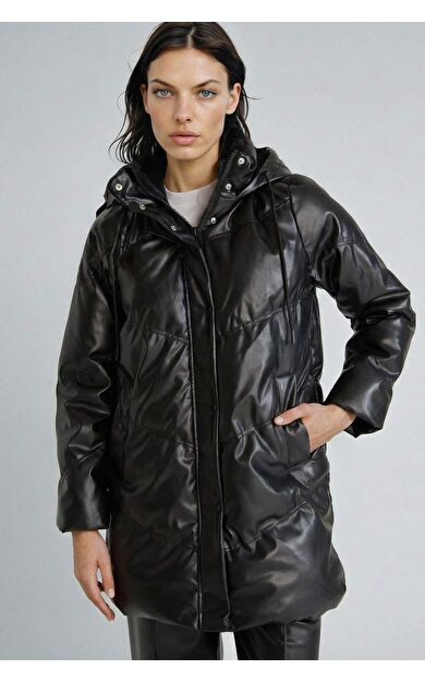 Su Geçirmez Relax Fit Kapüşonlu Suni Deri Parka
