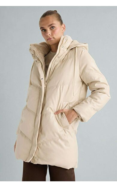 Su Geçirmez Relax Fit Kapüşonlu Suni Deri Parka