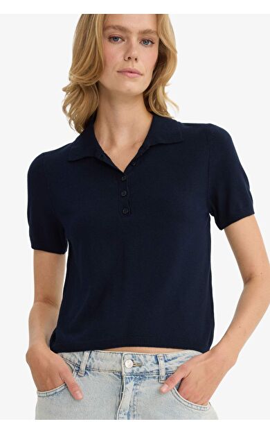 Fitted Polo Yaka Kısa Kollu Triko Kazak