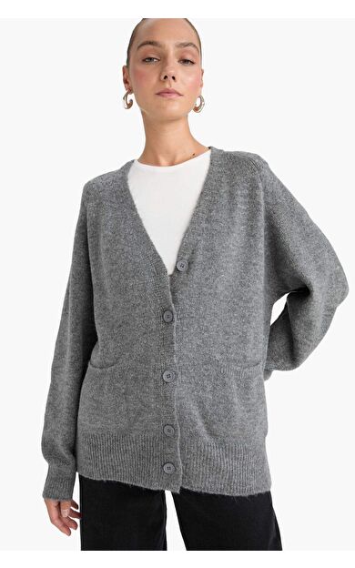 Oversize Geniş Kalıp V Yaka Yumuşak Dokulu Düğmeli Hırka F2902AX25WNGR348