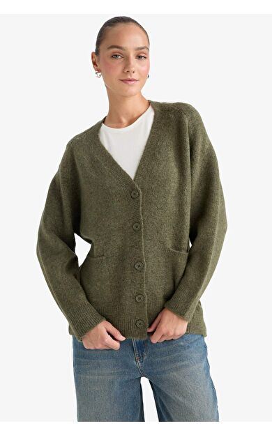 Oversize Geniş Kalıp V Yaka Yumuşak Dokulu Düğmeli Hırka F2902AX25WNKH258
