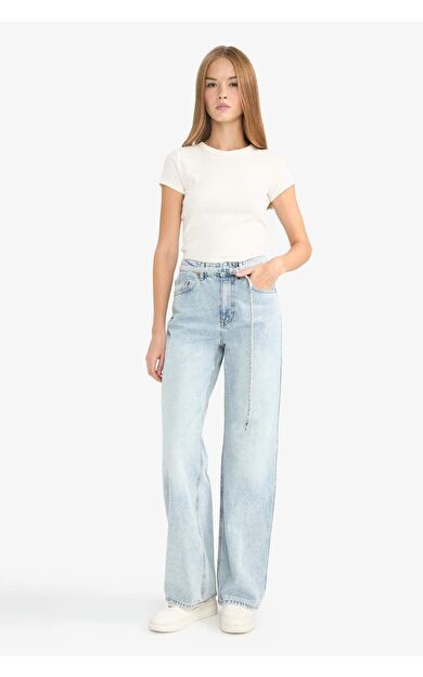 Straight Wide Yüksek Bel Düz Paça Uzun Jean Yıkamalı Pantolon