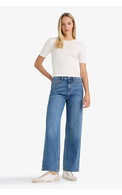 Straight Fit Yüksek Bel Düz Paça Uzun Jean Kar Yıkamalı Pantolon