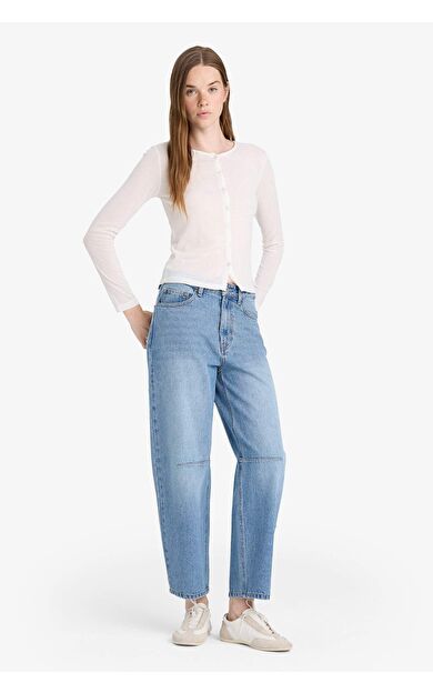 Barrel Fit Normal Bel Düz Paça Bilek Boy Jean Kar Yıkamalı Pantolon