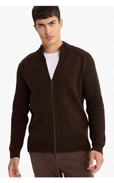 DeFacto Standart Fit Dik Yaka Fermuarlı Yün Karışımlı Triko Hırka