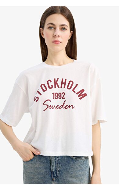 Boxy Fit Bisiklet Yaka Baskılı Penye Kısa Kollu Tişört