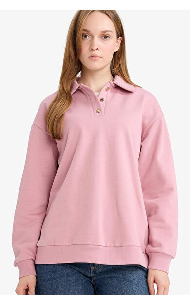 Regular Fit Polo Yaka İçi Yumuşak Tüylü Kalın Sweatshirt Kumaşı Sweatshirt Tunik