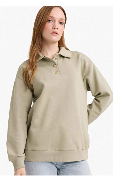 Regular Fit Polo Yaka İçi Yumuşak Tüylü Kalın Sweatshirt Kumaşı Sweatshirt Tunik