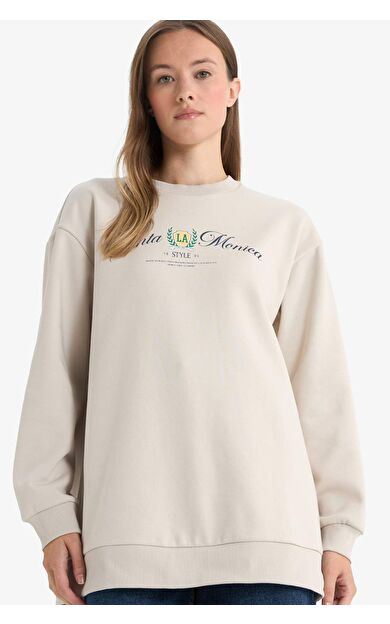 Regular Fit Bisiklet Yaka Baskılı İçi Yumuşak Tüylü Sweatshirt Tunik