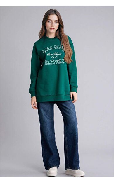 Regular Fıt Bisiklet Yaka Baskılı İçi Yumuşak Tüylü Sweatshirt Tunik
