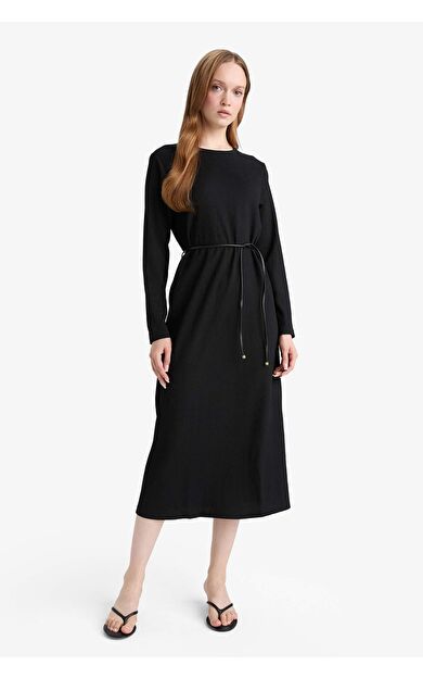 Regular Fit Penye Uzun Kollu Midi Elbise