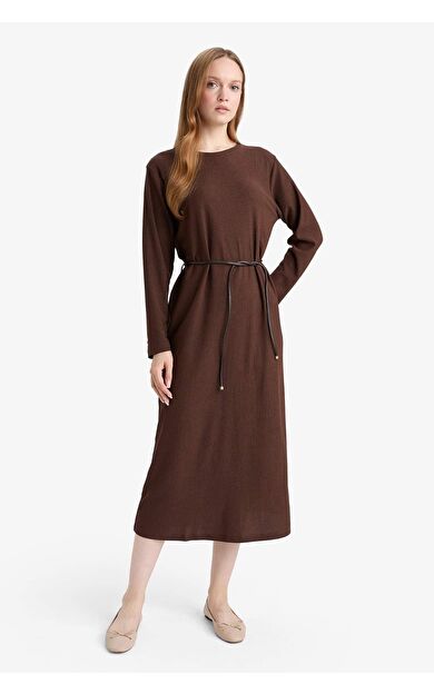 Regular Fit Penye Uzun Kollu Midi Elbise