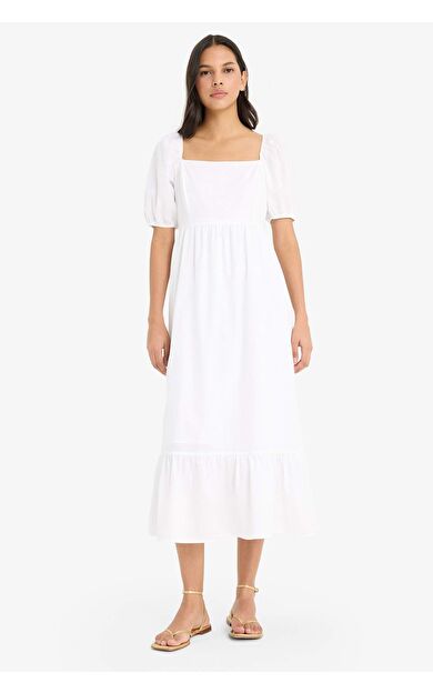 Kare Yaka Poplin Kısa Kollu Maxi Elbise