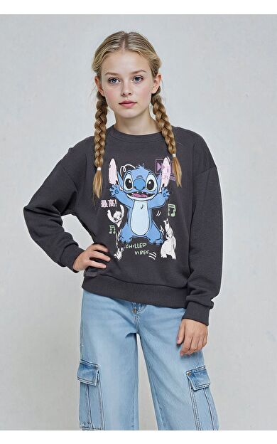 DeFacto Kız Çocuk Disney Lilo & Stitch Relax Fit Bisiklet Yaka Sweatshirt
