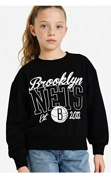 Kız Çocuk NBA Brooklyn Nets Oversize Geniş Kalıp Bisiklet Yaka Slogan Baskılı Sweatshirt