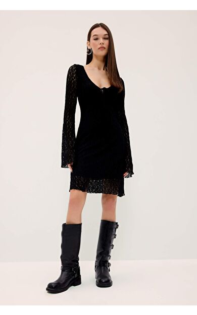 Coool V Yaka Dantel Uzun Kollu Mini Elbise