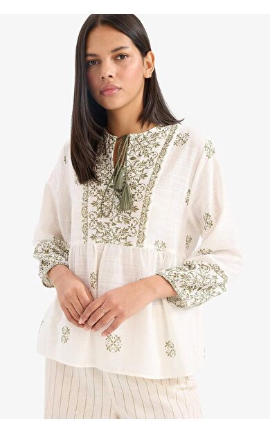 Regular Fit V Yaka Şal Desenli Pamuklu Uzun Kollu Bluz