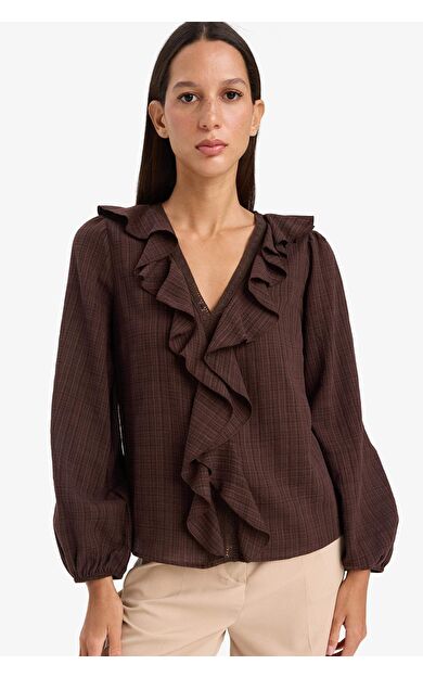 Oversize Geniş Kalıp V Yaka Pamuklu Uzun Kollu Bluz