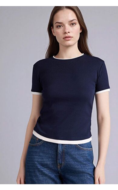 Slım Fıt Bisiklet Yaka Ribana Kısa Kollu Tişört