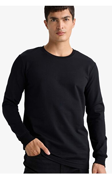 Slim Fit Dar Kesim Bisiklet Yaka Sweatshirt Kumaşı Uzun Kollu Tişört