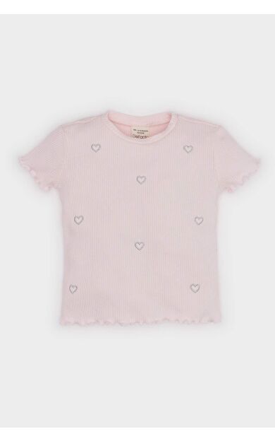 DeFacto Kız Bebek Regular Fit Bisiklet Yaka Kalp Desenli Fitilli Kaşkorse Kısa Kollu Tişört