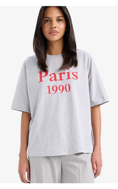 Oversize Geniş Kalıp Bisiklet Yaka Baskılı Penye Kısa Kollu Tişört