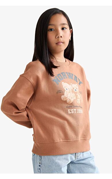 Kız Çocuk Relax Fit Bisiklet Yaka Baskılı İçi Yumuşak Tüylü Sweatshirt