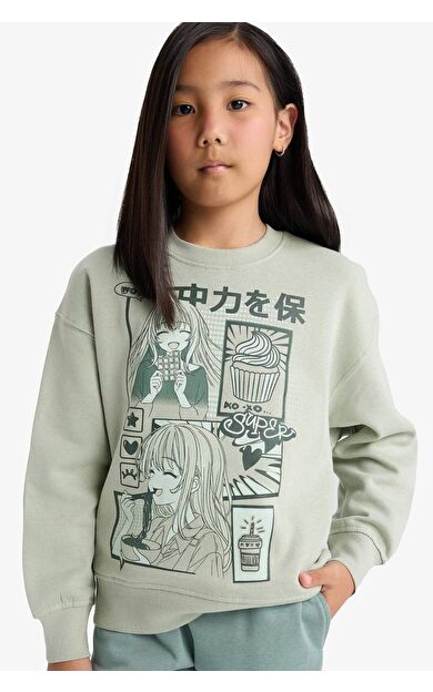 Kız Çocuk Relax Fit Bisiklet Yaka Anime Baskılı İçi Yumuşak Tüylü Sweatshirt