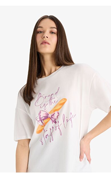 Oversize Geniş Kalıp Bisiklet Yaka Baskılı Kısa Kollu Tişört