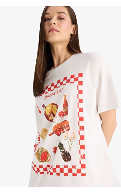 Oversize Geniş Kalıp Bisiklet Yaka Baskılı Kısa Kollu Tişört