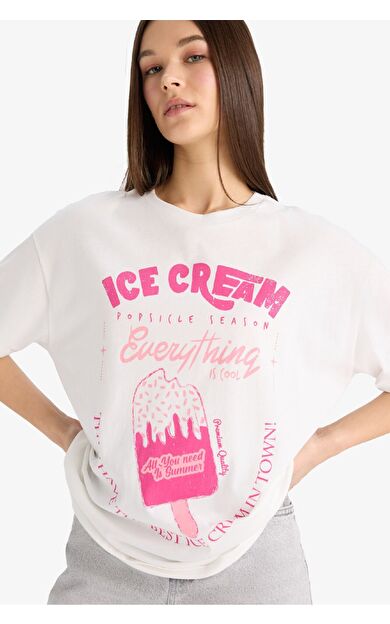 Oversize Geniş Kalıp Bisiklet Yaka Baskılı Kısa Kollu Tişört