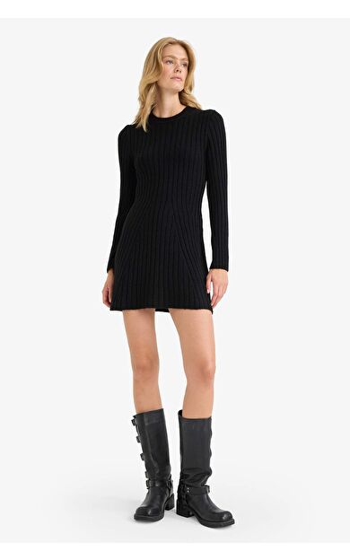 Bisiklet Yaka Ribana Uzun Kollu Mini Elbise